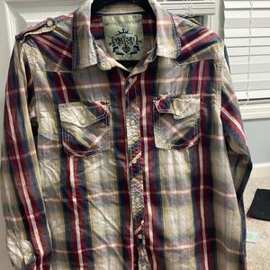 Men’s long sleeve plaid snap button shirt